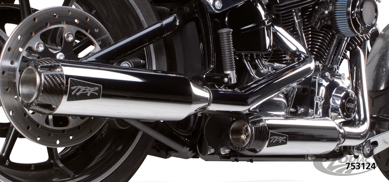 Two Brothers Racing 3 Inch Shorty Slip-Ons In Chrome With Carbon Fibre Endcap For 2007-2017 Softail Heritage, Rocker, Breakout, Night Train & Custom Models (005-3760499D)