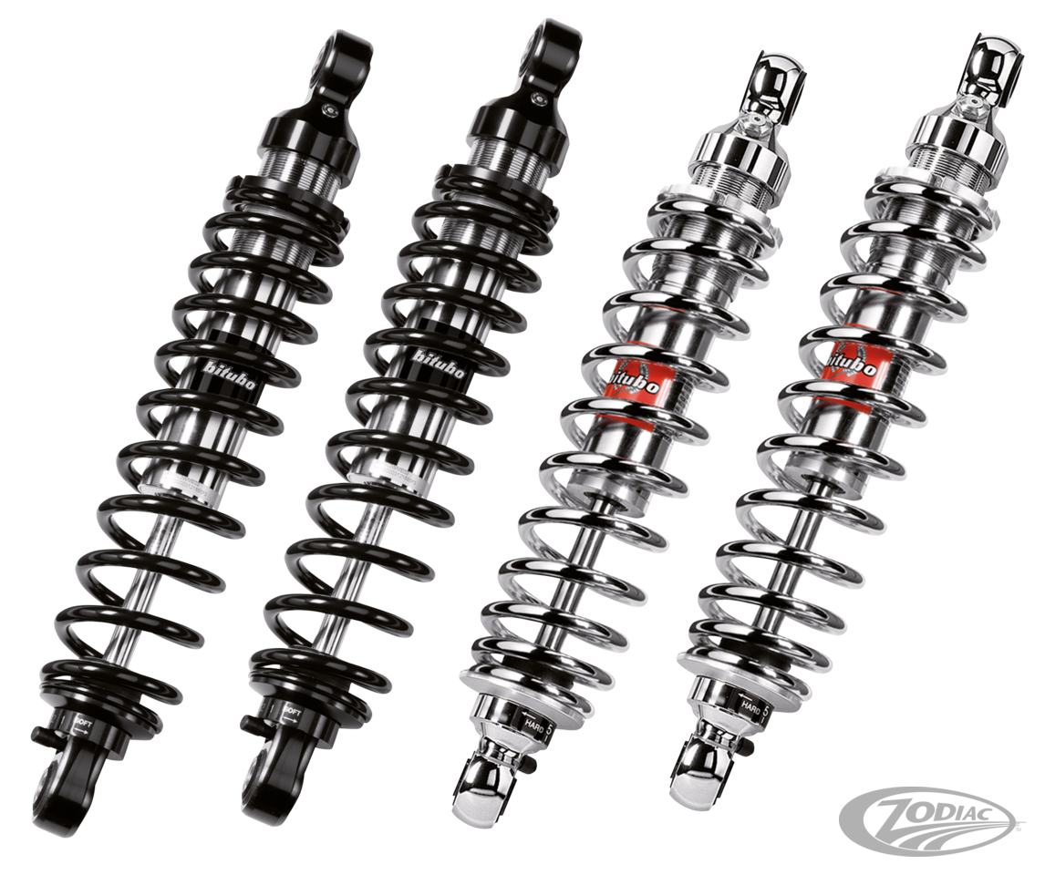 Bitubo WME Series Shocks 13 Inch (330mm) in Chrome Finish Standard Rate Spring For 2004-2020 Sportster, 1980-2021 Touring, 1991-2017 Dyna Models (758302)